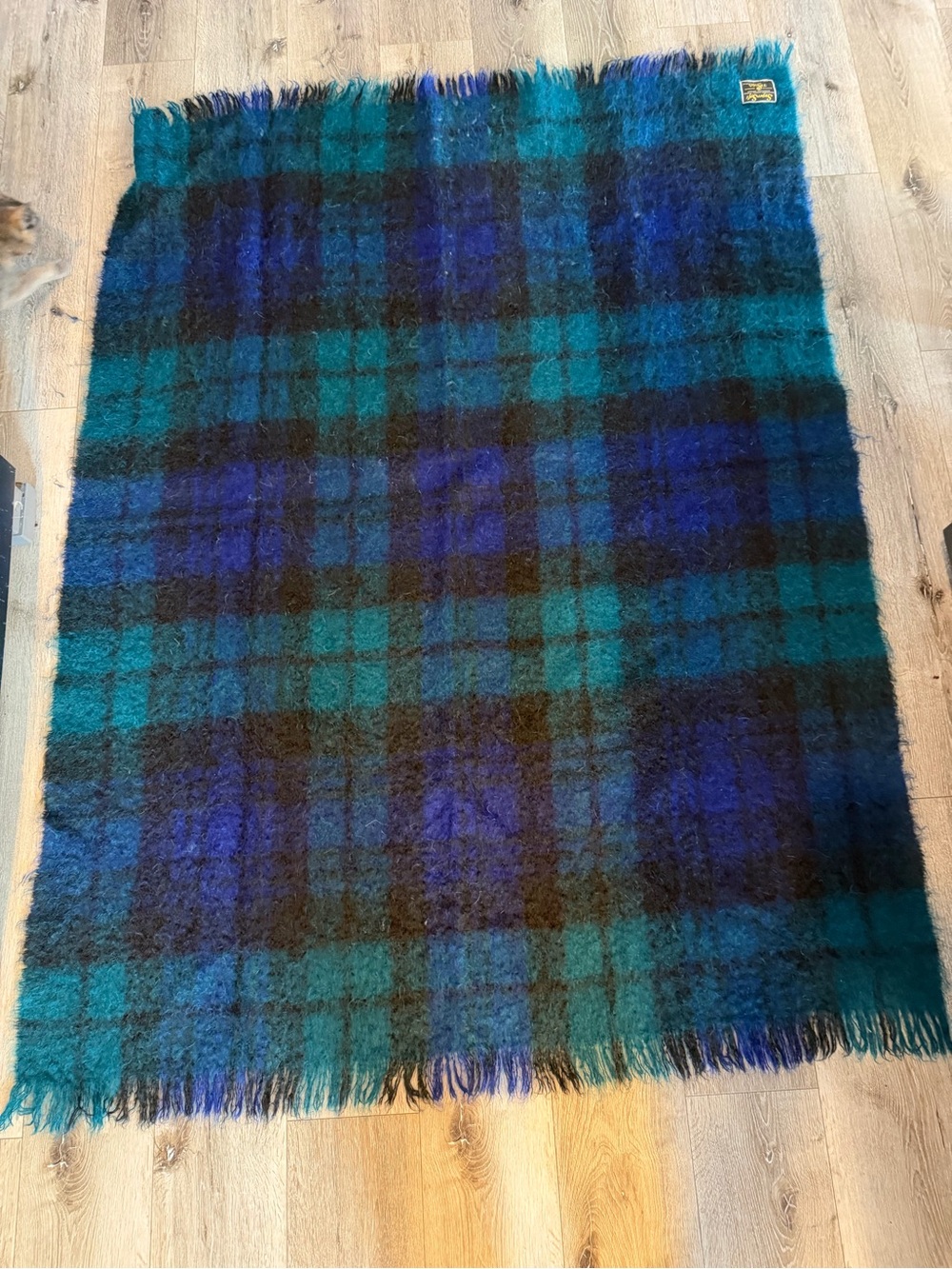 Plaid Teal & Blue Mohair Throw Blanket